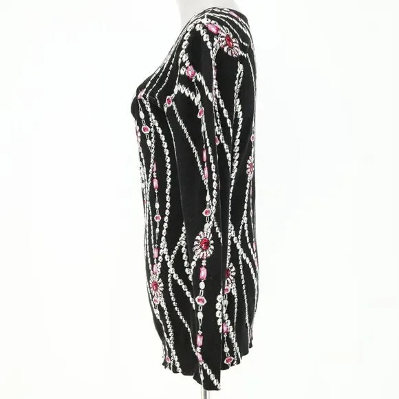 Cache Sweater Womens Medium Black Pink Low Cut Out Jewelry Print Pullover - Picture 11 of 11